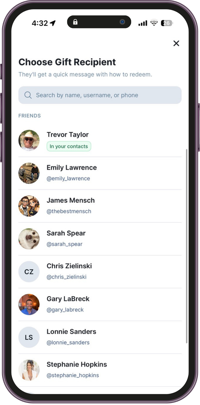 Choose a gift recipient from your friends list in the OneOnMe app