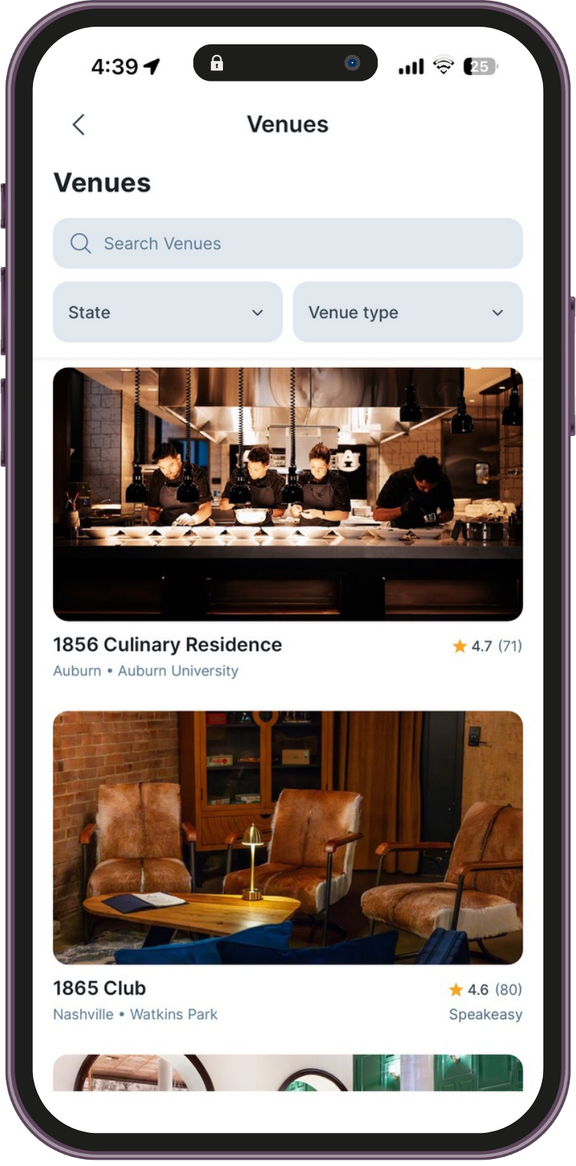 Browse venues by state, type, and rating in the OneOnMe app