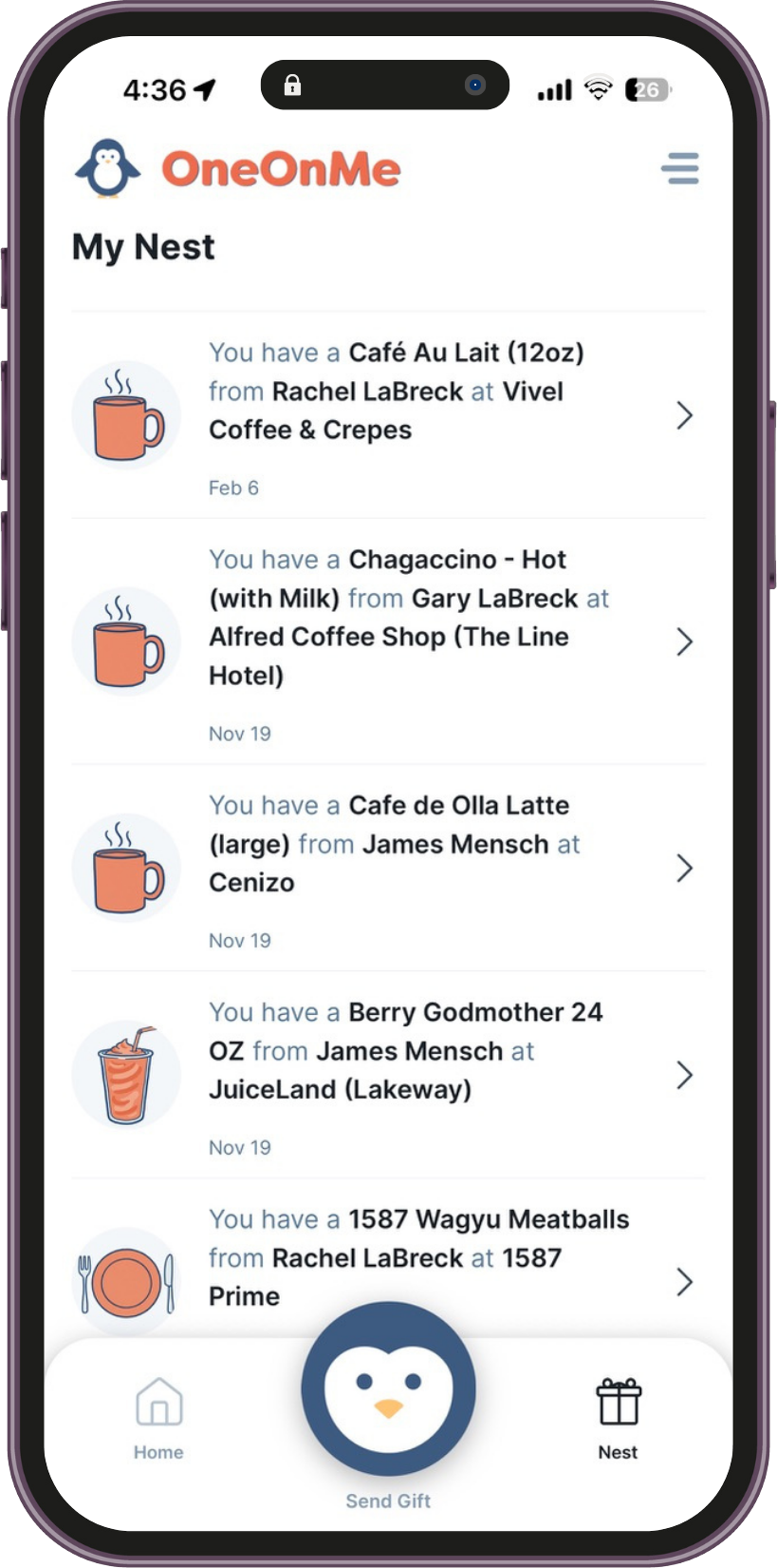 Gifts stored in The Nest digital wallet in the OneOnMe app