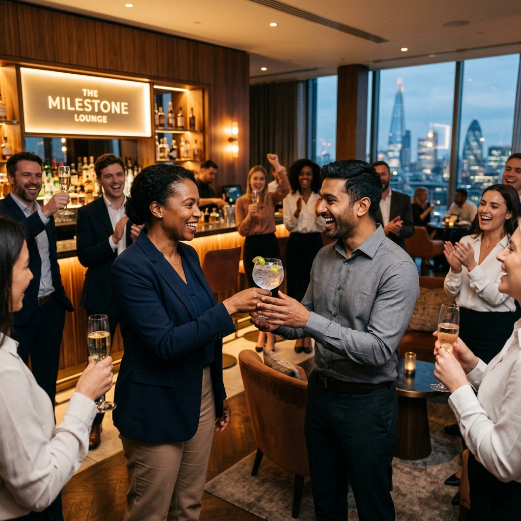 Corporate team celebrating with drinks