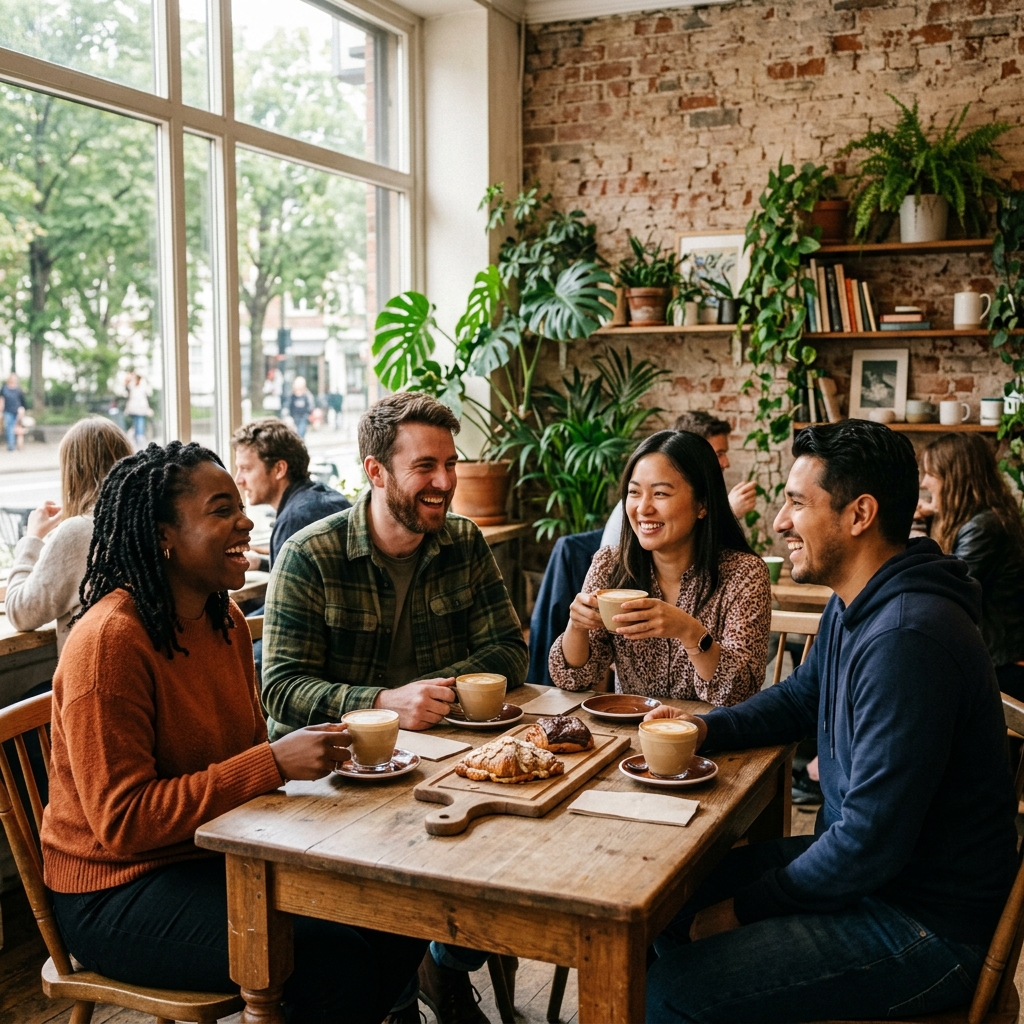 Friends enjoying coffee together at a café