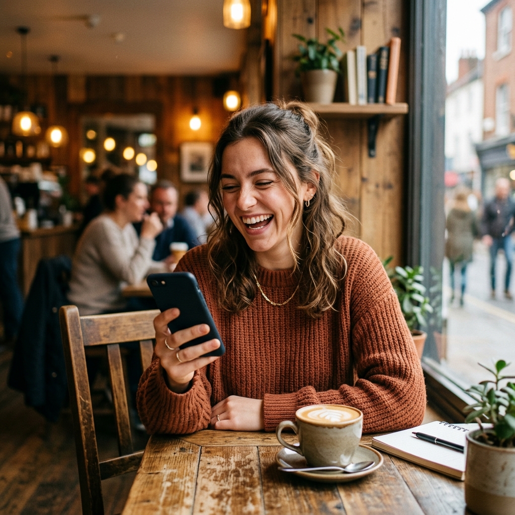 Person smiling at phone in coffee shop receiving a gift