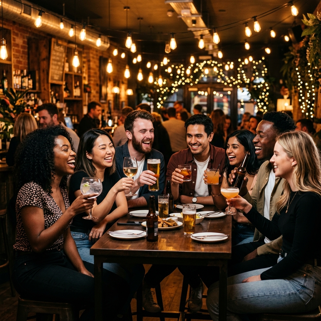 Group of friends celebrating with drinks at a bar