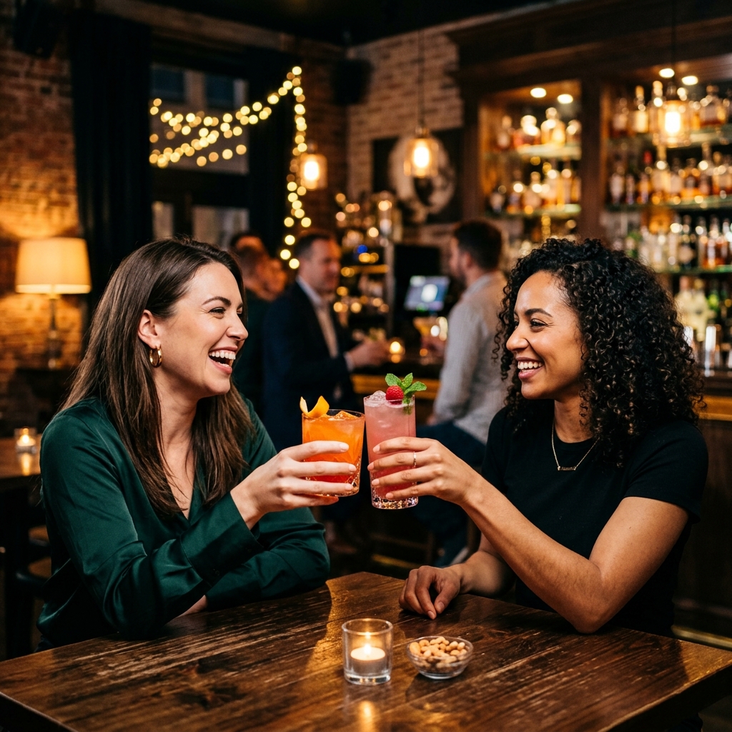 Friends cheersing cocktails at a bar