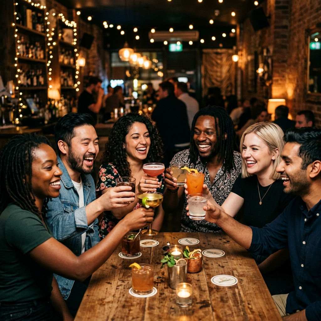 Friends toasting cocktails at a bar