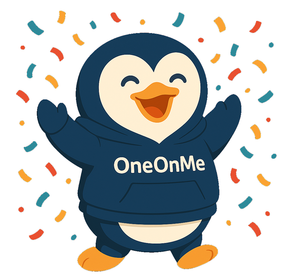 OneOnMe penguin celebrating with confetti