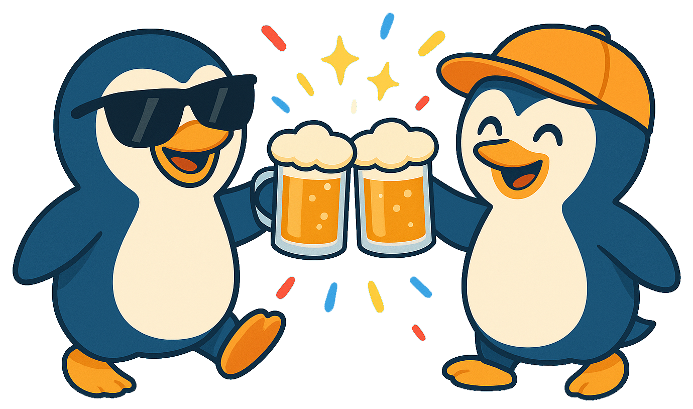 Two OneOnMe penguins cheersing with beer