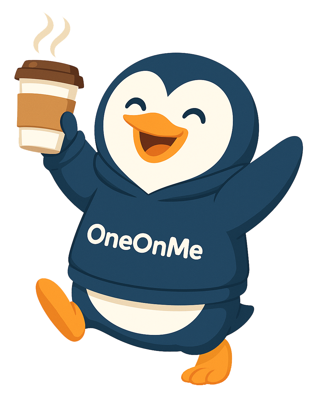OneOnMe penguin mascot celebrating with coffee