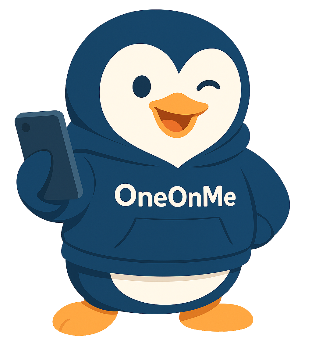 OneOnMe penguin mascot holding a phone