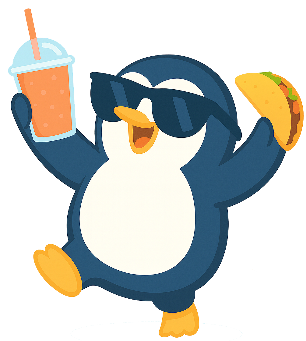 OneOnMe penguin sending gifts with food and drinks
