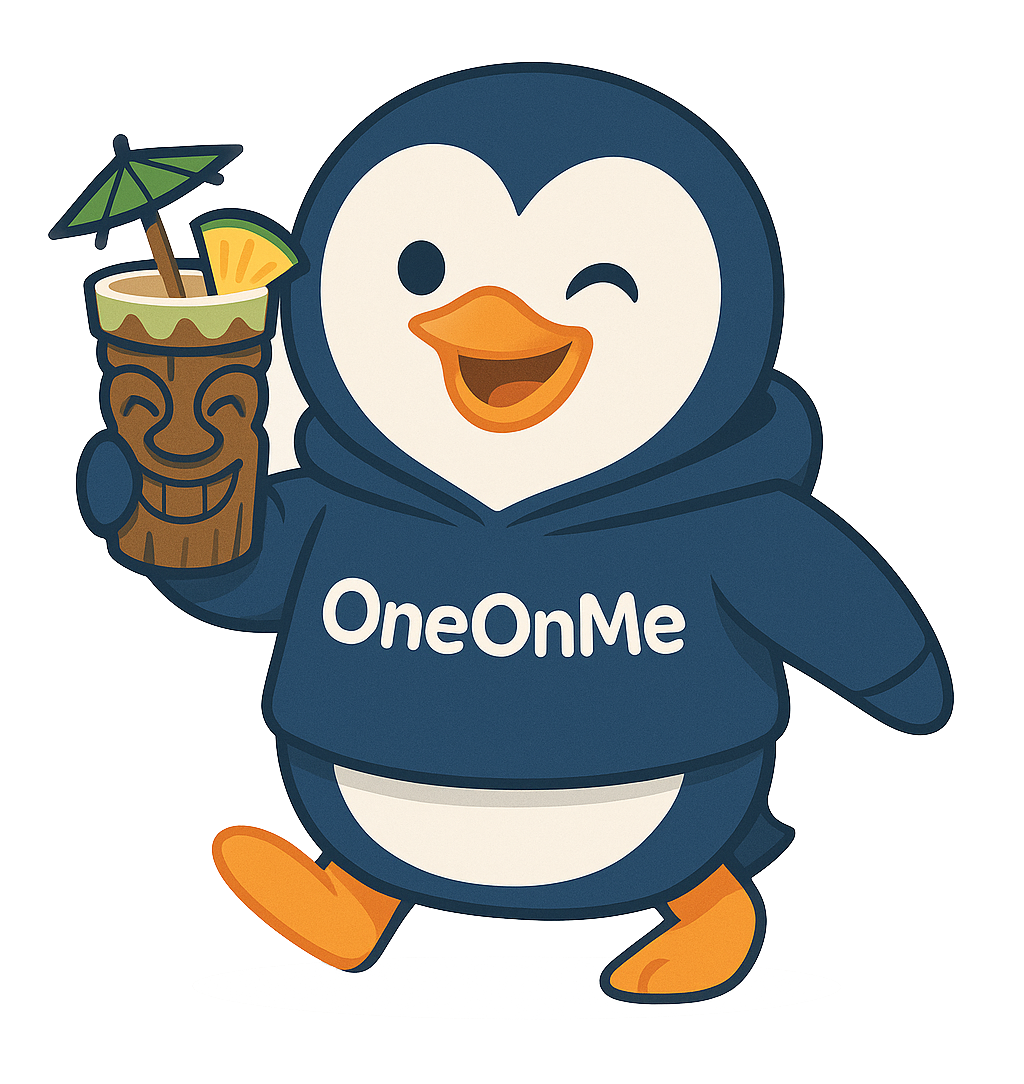 OneOnMe penguin with a tiki drink