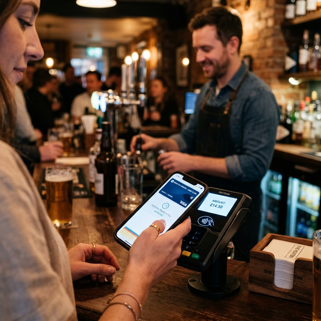 Person tapping phone to pay at a bar
